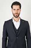Slim Fit Lacivert Yelekli Takım Elbise Düz Desenli