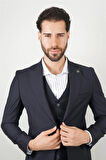 Slim Fit Lacivert Yelekli Takım Elbise Düz Desenli