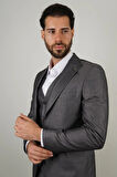 Slim Fit Koyu Gri Takım Elbise Kendinden Desenli