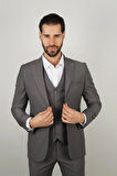 Slim Fit Gri Takım Elbise Kendinden Desenli