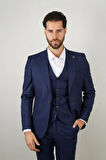 Slim Fit Mavi Takım Elbise Kendinden Desenli
