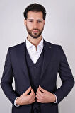 Slim Fit Lacivert Takım Elbise Kendinden Desenli