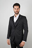Slim Fit Siyah Takım Elbise Düz Desenli