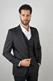 Slim Fit Siyah Takım Elbise Kendinden Desenli