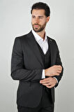 Slim Fit Siyah Takım Elbise Kendinden Desenli