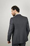 Slim Fit Koyu Gri Takım Elbise Kendinden Desenli