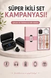 Wireless Şarjlı Pembe Akıllı Saat ve Kablosuz Bluetooth Kulaklık Dokunmatik Kontrol