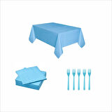 Mavi Masa Örtüsü, 10 adet Peçete, 10 adet Çatal