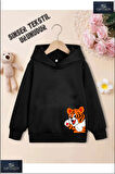 Kız/Erkek Çocuk Beyaz Kapüşonlu ''YANDAN AYICIK'' Baskılı Sweatshirt