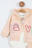 Kalp Desenli Fermuarlı Kapşonlu Pamuklu Zıbın Uzun Kol Kız Bebek 3'lü Takım Alt Üst Kız Bebek Takım 