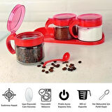 Kırmızı 3lü Standlı Kapaklı Kaşıklı Cam Hava Sızdırmaz Baharatlık Takımı KC-386