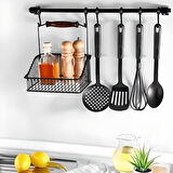 Retro Ferforje Askılı Siyah Ahşap Kulplu Düzenleyici Mutfak Sepeti