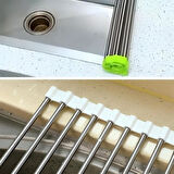 Evye Üstü Katlanır Nihale Paslanmaz Çelik Pratik Sebze Meyve Bulaşık Kurutma Süzgeci 43x 23 Cm