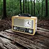 BUFFER® Orta Boy Saat Göstergeli Retro Ahşap Tasarım Bluetooth Hoparlörlü Radyo – FM/AM Destekli, Şarjlı ve Taşınabilir Radyo NS-8898