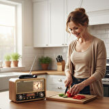 BUFFER® Orta Boy Saat Göstergeli Retro Ahşap Tasarım Bluetooth Hoparlörlü Radyo – FM/AM Destekli, Şarjlı ve Taşınabilir Radyo NS-8898