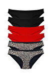 6 Adet Özel Set Likralı Yumuşak Dokulu Kadın Slip Külot Leopar Siyah Kırmızı