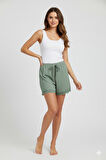 Bambu Fitilli Kadın Ev Şortu Bacak Dantel Detaylı Ev Giyim Yeşil