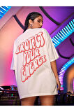 Project Baskılı Unisex Beyaz Oversize T-shirt | M