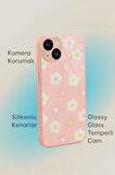 iPhone 13 Uyumlu Minik Çiçekler Desenli Glossy Glass Kamera Korumalı Silikonlu Telefon Kılıfı