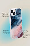iPhone 13 Uyumlu Renkli Mermer Desenli Glossy Glass Kamera Korumalı Silikonlu Telefon Kılıfı