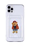iPhone 11 Pro Max Uyumlu Teddy Bear Desenli Şeffaf Kamera Korumalı ve Kartlıklı Telefon Kılıfı