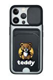 iPhone 13 Pro Uyumlu Teddy Desenli Kamera Korumalı ve Kartlıklı Telefon Kılıfı