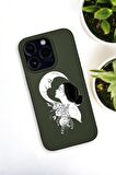iPhone 14 Pro Uyumlu Moon and Women Desenli Premium Silikonlu Haki Lansman Telefon Kılıfı