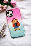 iPhone 14 Uyumlu Teddy Bear Desenli Premium Rainbow Silikonlu Telefon Kılıfı