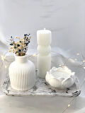 Dekoratif Mermer Desen Büyük Organizer Tabak Vazo Sütun Lotus Soya Mum Set
