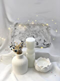 Dekoratif Mermer Desen Büyük Organizer Tabak Vazo Sütun Lotus Soya Mum Set