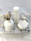 Dekoratif Mermer Desen Büyük Organizer Tabak Vazo Sütun Lotus Soya Mum Set