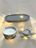 Dekoratif Oval Gri Organizer Tabak Mermer Desen Kase  Lotus Soya Mum Set