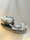 Dekoratif Oval Gri Organizer Tabak Mermer Desen Kase  Lotus Soya Mum Set
