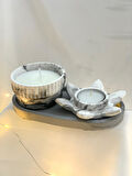 Dekoratif Oval Gri Organizer Tabak Mermer Desen Kase  Lotus Soya Mum Set
