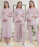 Mecit 1519 Gül Kurusu Lohusa Sabahlık Gecelik Pijama Set