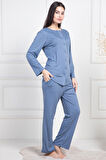 Mecit 6105 İndigo Kadın Büyük Beden Boydan Düğmeli Pijama Takımı