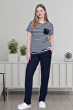 Mecit 6202 Lacivert Çizgili Büyük Beden Kadın Pijama Takımı