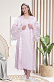 Mecit 6302 Pembe Dantelli Sabahlık Gecelik Pijama Lohusa Set