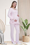 Mecit 6302 Pembe Dantelli Sabahlık Gecelik Pijama Lohusa Set