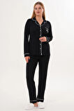 Mecit 6307 Siyah Boydan Düğmeli Kadın Pijama Takımı