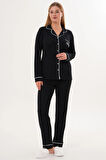 Mecit 6333 Siyah Kadın Sabahlıklı Boydan Düğmeli Pijama Takımı