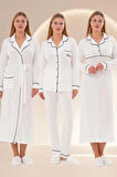 Mecit 6335 Ekru Kadın Sabahlık Gecelik Pijama 4'lü Set