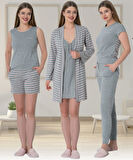 Mecit 6501 Pembe Çizgili 6 Parça Spor Kadın Pijama Gecelik Sabahlık Set