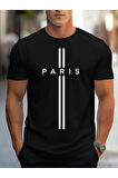 Erkek Oversize Siyah - Beyaz Bisiklet Yaka Paris Yazı Baskılı Tişört