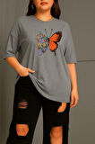Büyük Beden Kelebek Baskılı Unisex Oversize Tişört