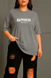 Büyük Beden Happiness Baskılı Unisex Oversize Tişört