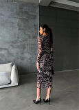 LEOPAR DESEN TÜL ELBİSE BEL DEKOLTELİ DRAPE DETAYLI - Leopar