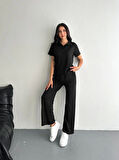 Osy Modal Yumuşak Dokulu Kumaş Kısa Kollu Yakalı T-shirt Pantalon Ikili Takım- Siyah