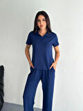 Osy Modal Yumuşak Dokulu Kumaş Kısa Kollu Yakalı T-shirt Pantalon Ikili Takım- Lacivert