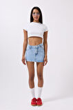 Asimetrik Bel Denim Mini Etek